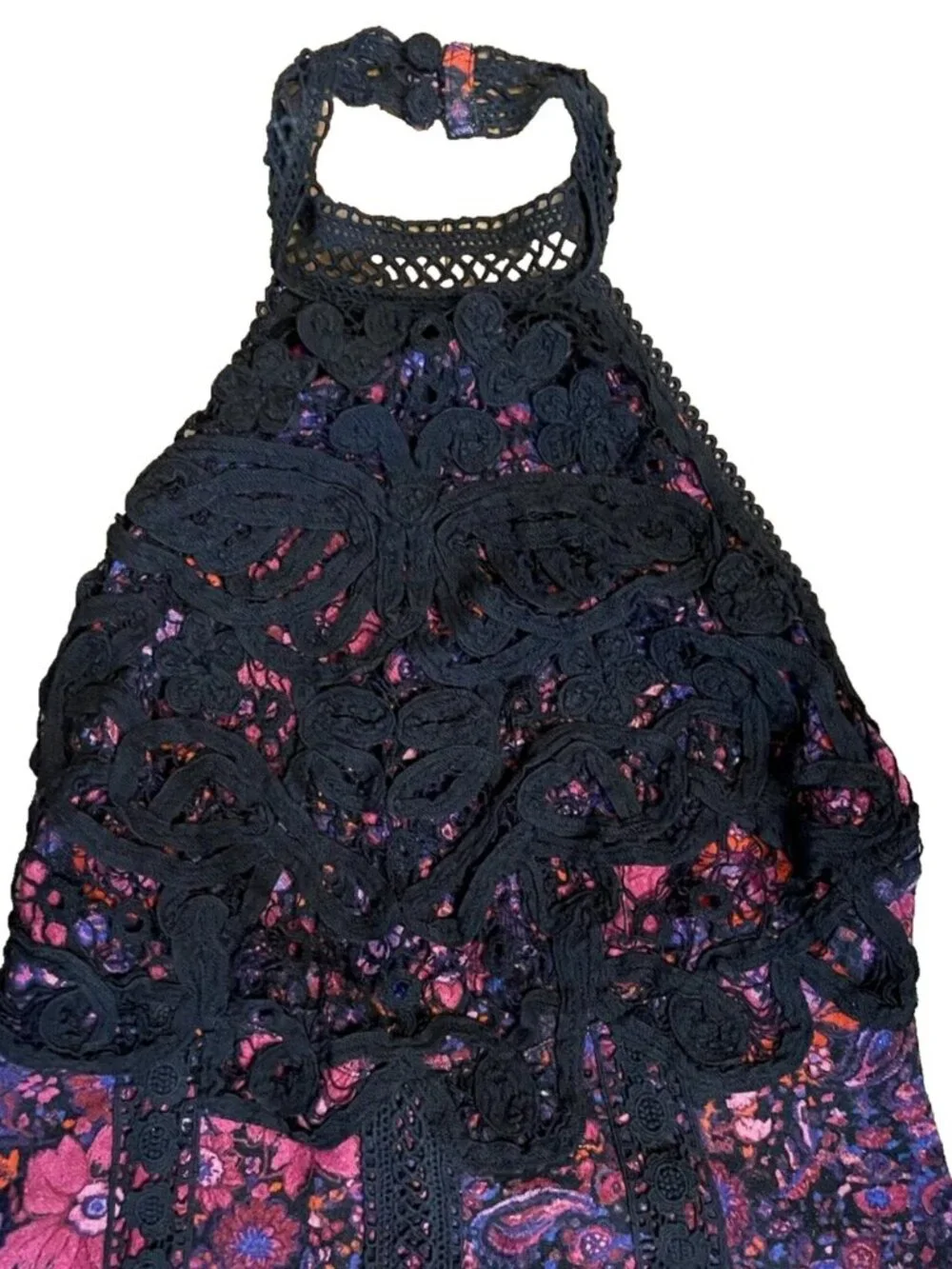 Free People Miss You Mini Halter Floral Dress Crochet Trim Backless